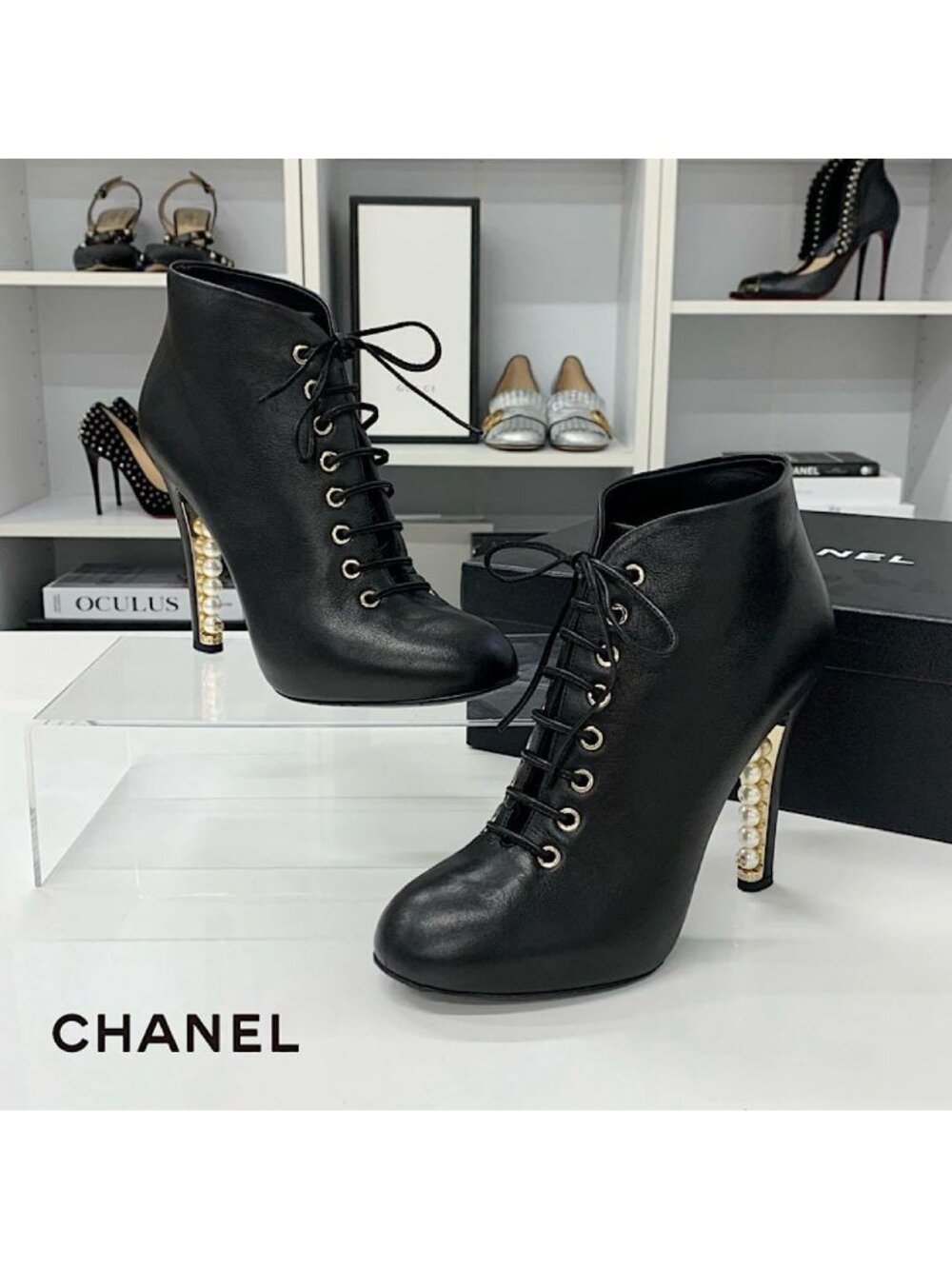 Chanel Leather CC Logo Pearl Lace Up Booties Black Boot